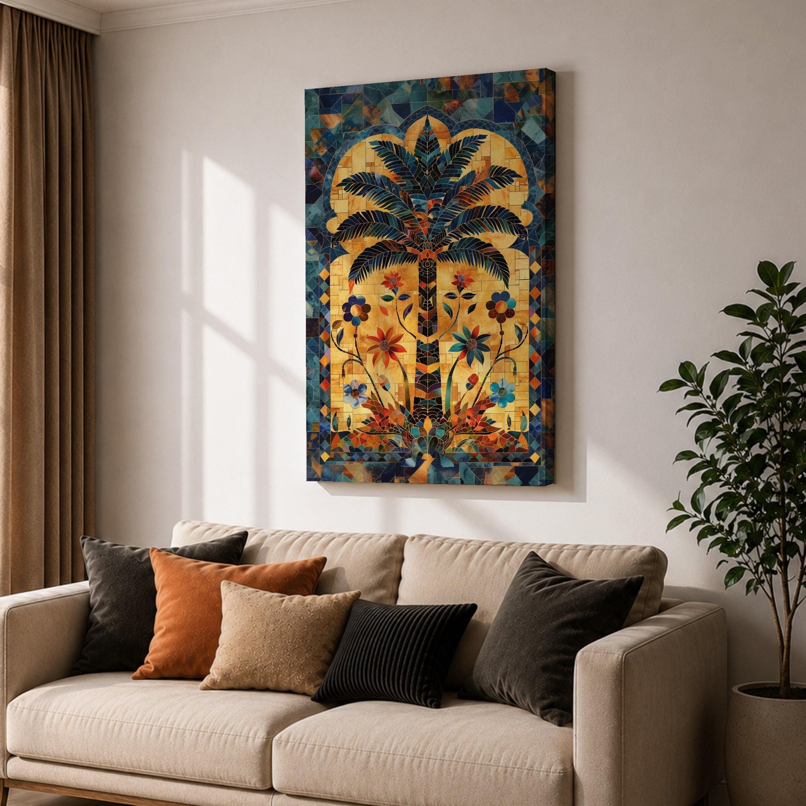 Colorful Islamic mosaic artwork of a palm tree surrounded by arabesque floral motifs and geometric tile patterns inspired by Andalusian design.