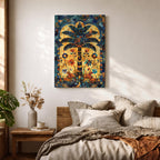 Colorful Islamic mosaic artwork of a palm tree surrounded by arabesque floral motifs and geometric tile patterns inspired by Andalusian design.