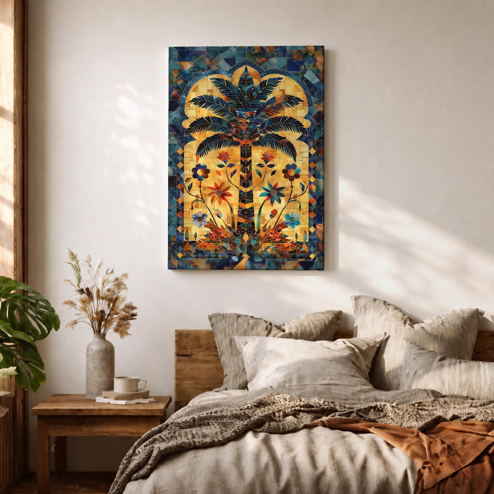 Colorful Islamic mosaic artwork of a palm tree surrounded by arabesque floral motifs and geometric tile patterns inspired by Andalusian design.