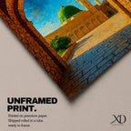 Artwork of Masjid Al Nabawi in Medina viewed through a historic stone archway with the iconic green dome and tall mosque minarets rising under a bright blue sky.