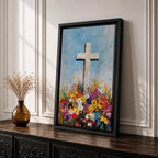 Impasto style painting of a white Christian cross rising from a colorful floral meadow filled with bright wildflowers beneath a soft blue sky, rendered with thick palette knife textures and expressive brushstrokes that emphasize the cross symbol standing prominently above the vibrant field in a faith inspired composition.