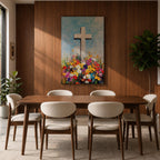 Impasto style painting of a white Christian cross rising from a colorful floral meadow filled with bright wildflowers beneath a soft blue sky, rendered with thick palette knife textures and expressive brushstrokes that emphasize the cross symbol standing prominently above the vibrant field in a faith inspired composition.