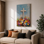 Impasto style painting of a white Christian cross rising from a colorful floral meadow filled with bright wildflowers beneath a soft blue sky, rendered with thick palette knife textures and expressive brushstrokes that emphasize the cross symbol standing prominently above the vibrant field in a faith inspired composition.