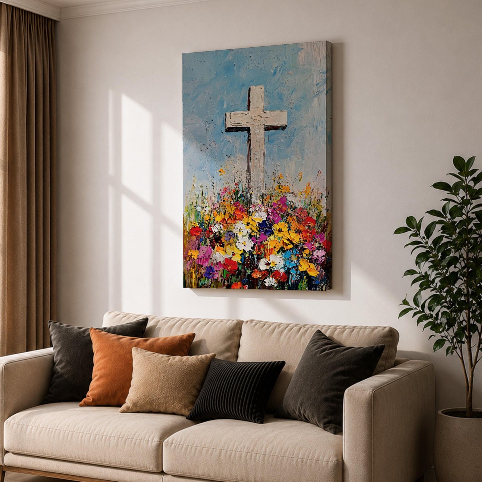 Impasto style painting of a white Christian cross rising from a colorful floral meadow filled with bright wildflowers beneath a soft blue sky, rendered with thick palette knife textures and expressive brushstrokes that emphasize the cross symbol standing prominently above the vibrant field in a faith inspired composition.