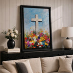 Impasto style painting of a white Christian cross rising from a colorful floral meadow filled with bright wildflowers beneath a soft blue sky, rendered with thick palette knife textures and expressive brushstrokes that emphasize the cross symbol standing prominently above the vibrant field in a faith inspired composition.
