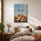 Impasto style painting of a white Christian cross rising from a colorful floral meadow filled with bright wildflowers beneath a soft blue sky, rendered with thick palette knife textures and expressive brushstrokes that emphasize the cross symbol standing prominently above the vibrant field in a faith inspired composition.