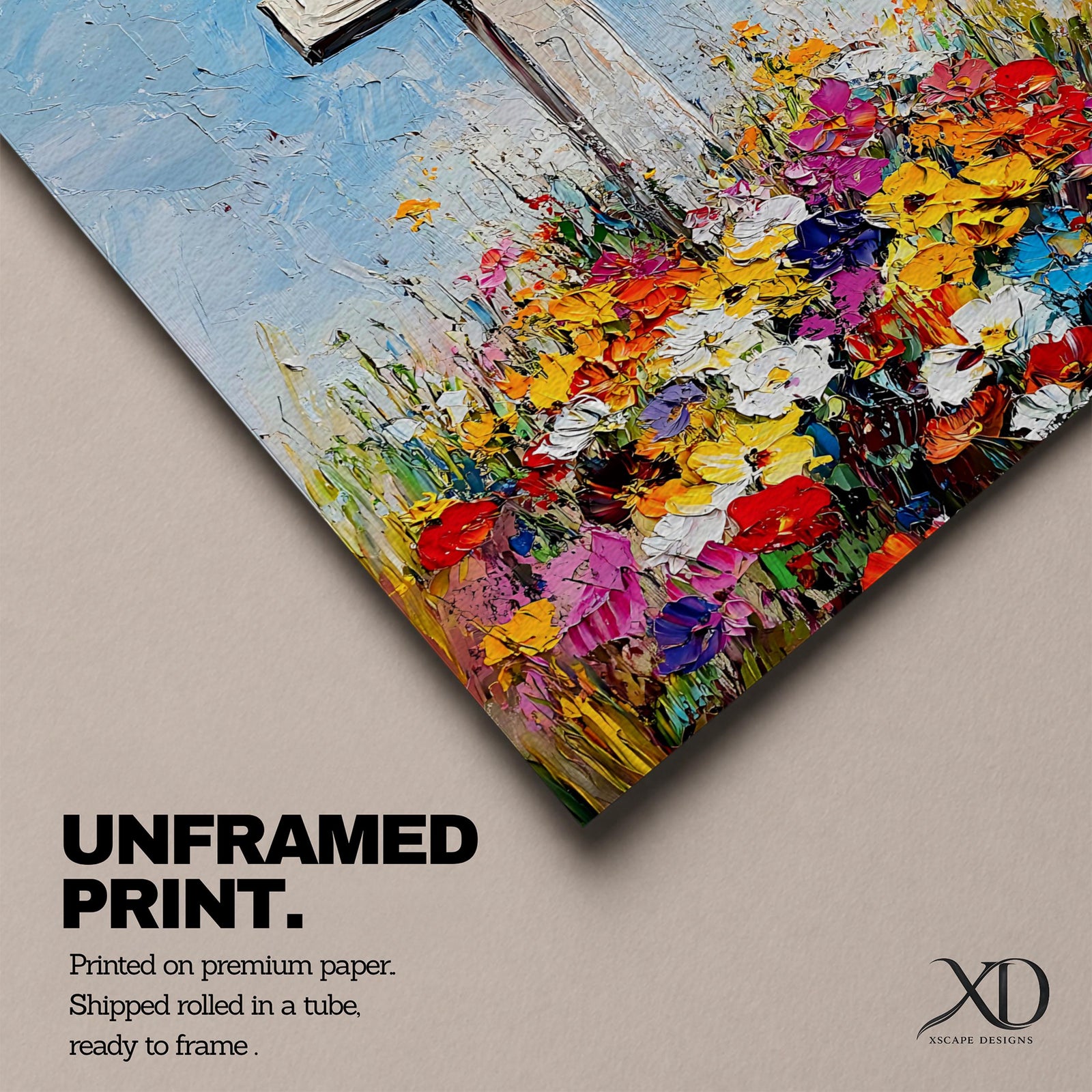 Impasto style painting of a white Christian cross rising from a colorful floral meadow filled with bright wildflowers beneath a soft blue sky, rendered with thick palette knife textures and expressive brushstrokes that emphasize the cross symbol standing prominently above the vibrant field in a faith inspired composition.