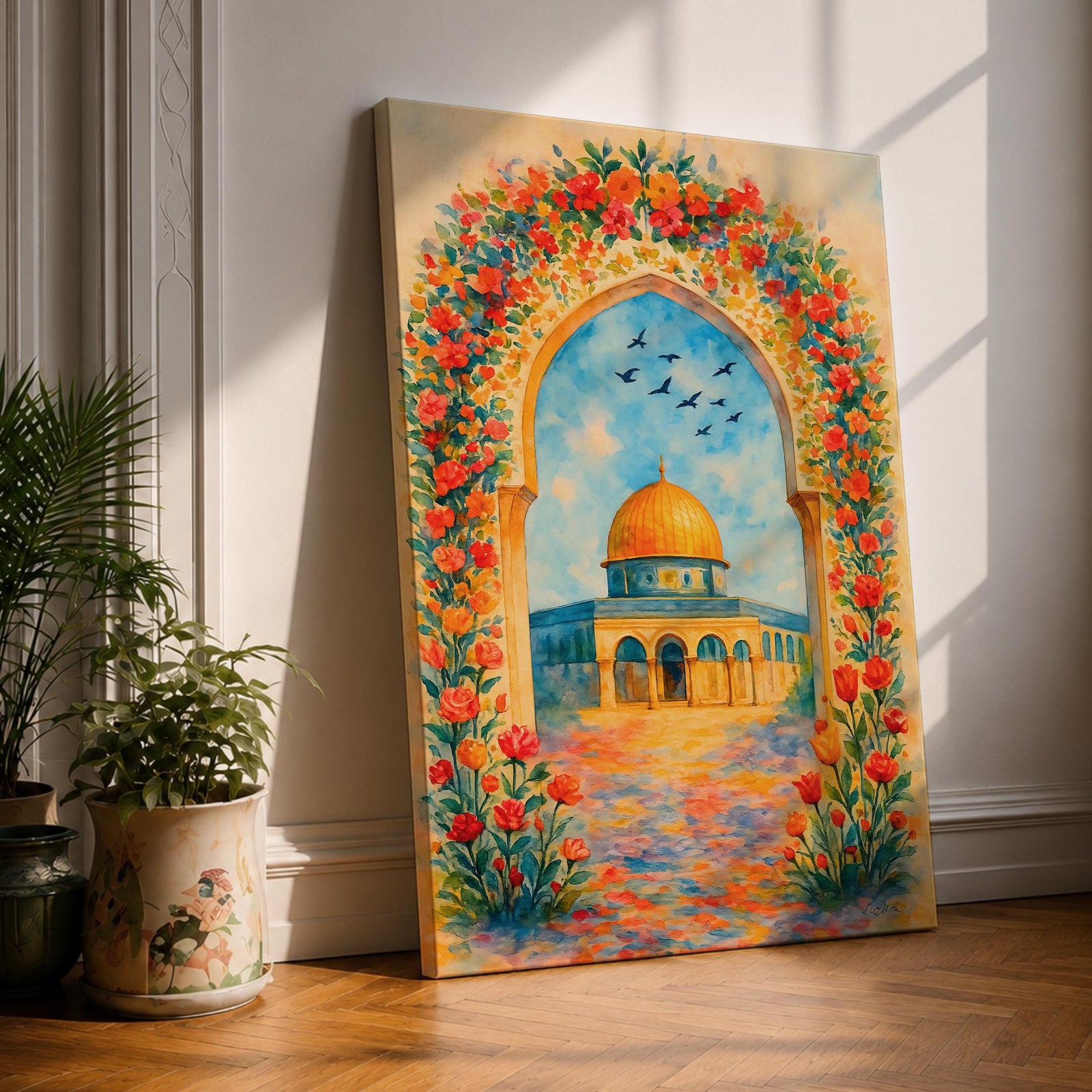 Colorful artwork of the Dome of the Rock framed by a floral archway filled with blooming flowers, with the golden dome rising above the courtyard beneath a bright blue sky.