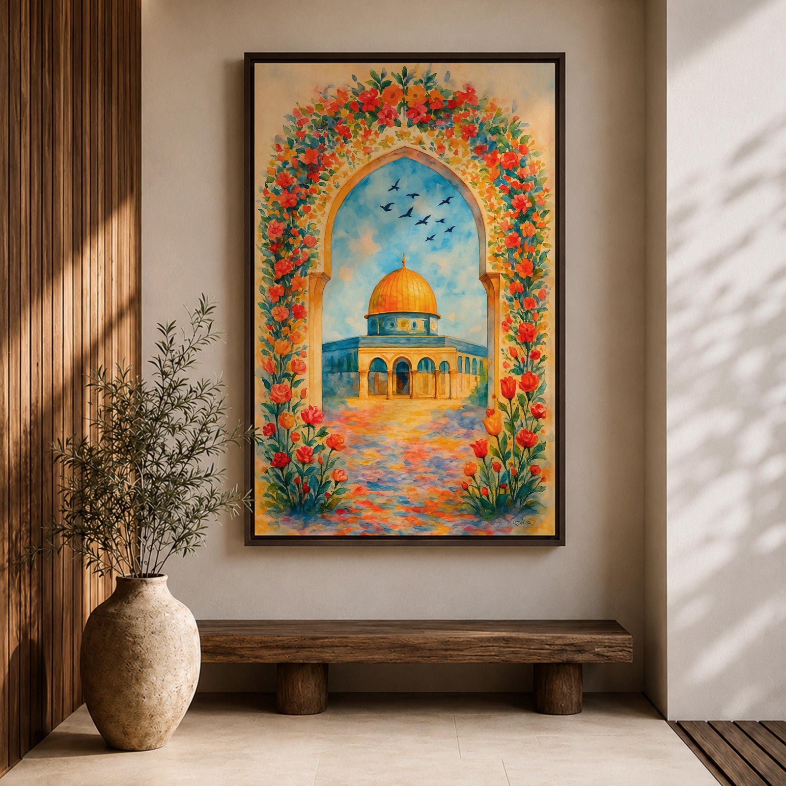 Colorful artwork of the Dome of the Rock framed by a floral archway filled with blooming flowers, with the golden dome rising above the courtyard beneath a bright blue sky.