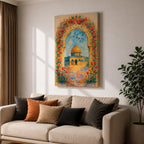 Colorful artwork of the Dome of the Rock framed by a floral archway filled with blooming flowers, with the golden dome rising above the courtyard beneath a bright blue sky.
