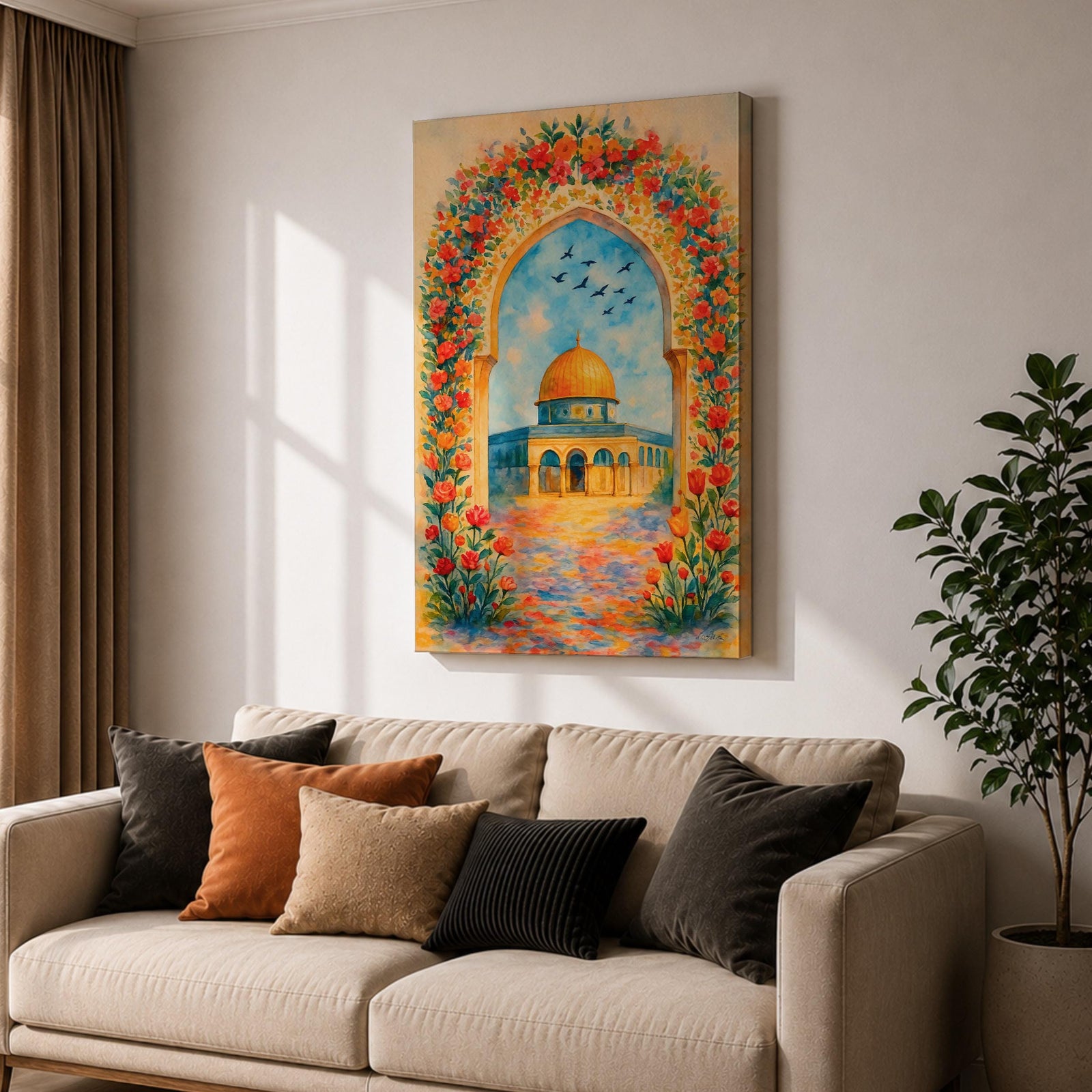 Colorful artwork of the Dome of the Rock framed by a floral archway filled with blooming flowers, with the golden dome rising above the courtyard beneath a bright blue sky.