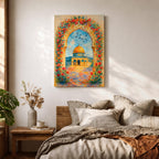 Colorful artwork of the Dome of the Rock framed by a floral archway filled with blooming flowers, with the golden dome rising above the courtyard beneath a bright blue sky.