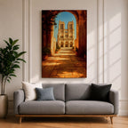 Painting of Notre Dame Cathedral in Paris framed through a large stone archway leading into a sunlit courtyard, showing the iconic twin towers and detailed Gothic façade in the distance, rendered in a warm impressionist style with golden light illuminating the architectural perspective and historic Paris landmark.