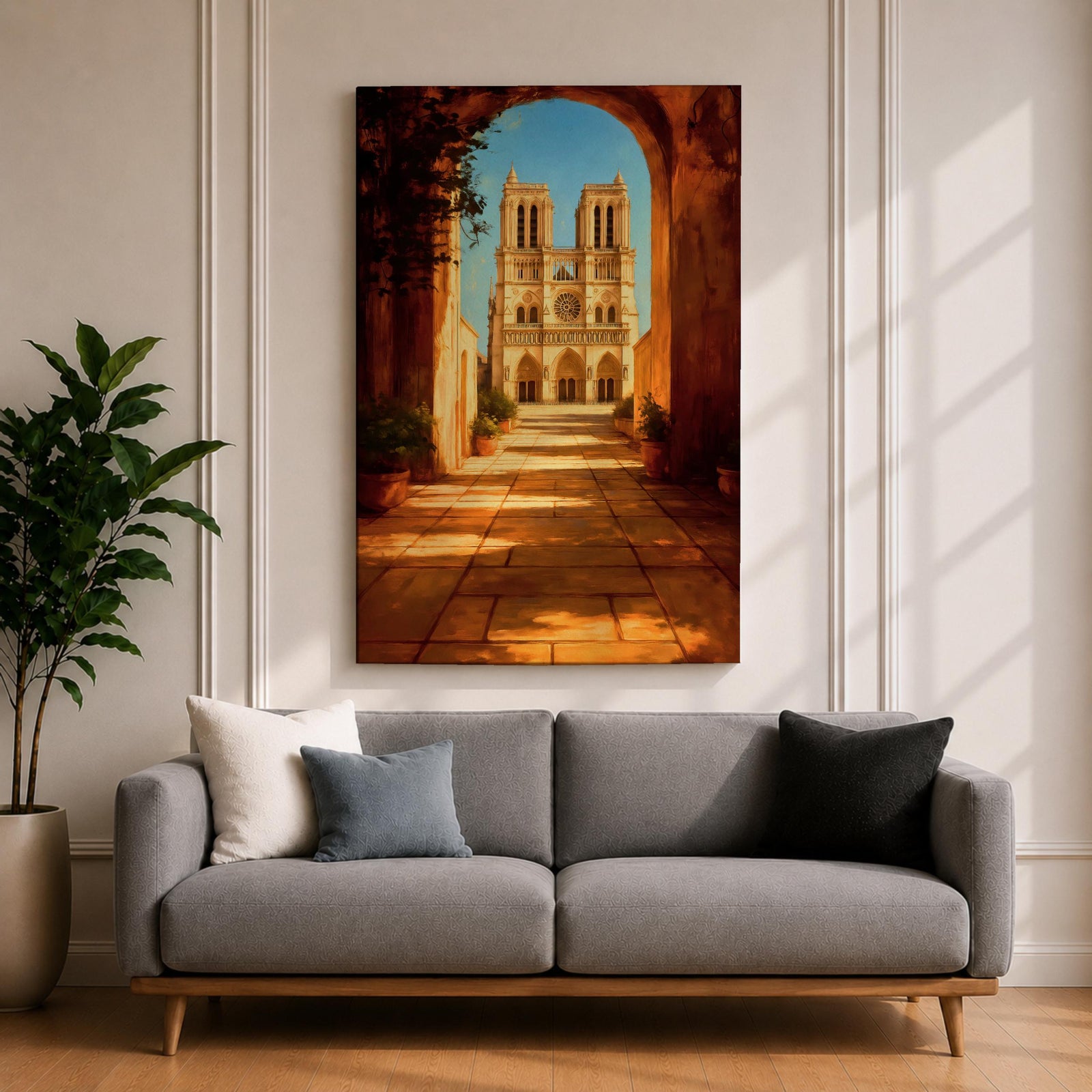 Painting of Notre Dame Cathedral in Paris framed through a large stone archway leading into a sunlit courtyard, showing the iconic twin towers and detailed Gothic façade in the distance, rendered in a warm impressionist style with golden light illuminating the architectural perspective and historic Paris landmark.