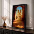 Painting of Notre Dame Cathedral in Paris framed through a large stone archway leading into a sunlit courtyard, showing the iconic twin towers and detailed Gothic façade in the distance, rendered in a warm impressionist style with golden light illuminating the architectural perspective and historic Paris landmark.
