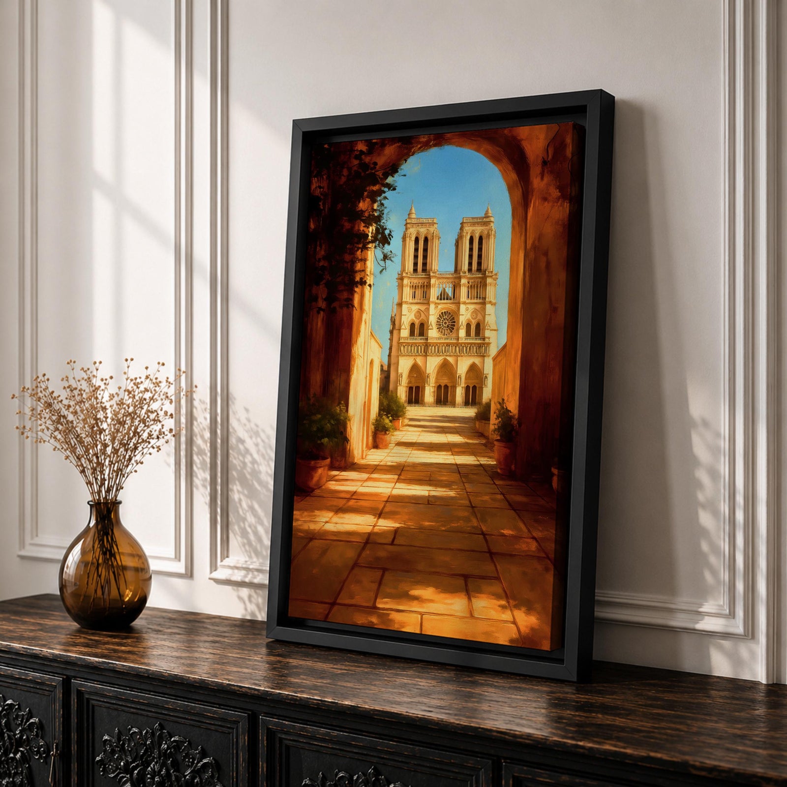 Painting of Notre Dame Cathedral in Paris framed through a large stone archway leading into a sunlit courtyard, showing the iconic twin towers and detailed Gothic façade in the distance, rendered in a warm impressionist style with golden light illuminating the architectural perspective and historic Paris landmark.