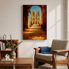 Painting of Notre Dame Cathedral in Paris framed through a large stone archway leading into a sunlit courtyard, showing the iconic twin towers and detailed Gothic façade in the distance, rendered in a warm impressionist style with golden light illuminating the architectural perspective and historic Paris landmark.