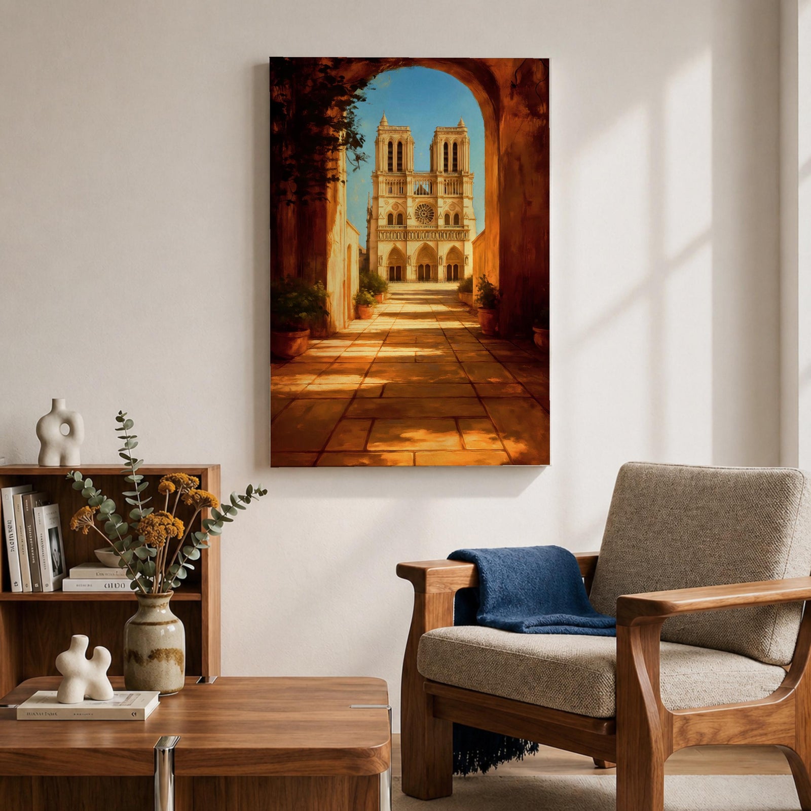 Painting of Notre Dame Cathedral in Paris framed through a large stone archway leading into a sunlit courtyard, showing the iconic twin towers and detailed Gothic façade in the distance, rendered in a warm impressionist style with golden light illuminating the architectural perspective and historic Paris landmark.