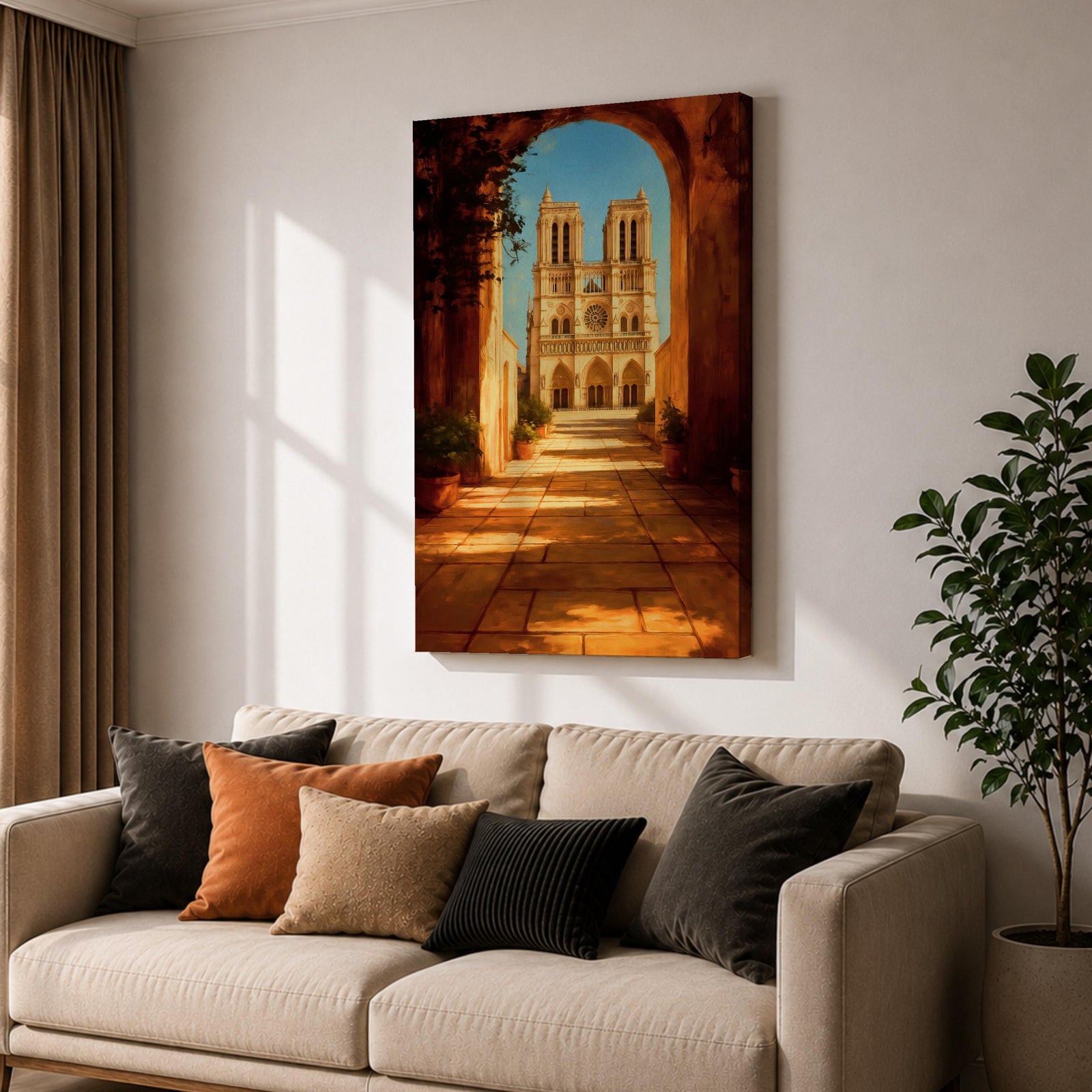 Painting of Notre Dame Cathedral in Paris framed through a large stone archway leading into a sunlit courtyard, showing the iconic twin towers and detailed Gothic façade in the distance, rendered in a warm impressionist style with golden light illuminating the architectural perspective and historic Paris landmark.