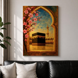 Textured oil painting of the Kaaba in Masjid Haram framed by a decorative Islamic archway with blooming pink flowers, a mosque minaret in the background, and warm sunset tones over the courtyard.