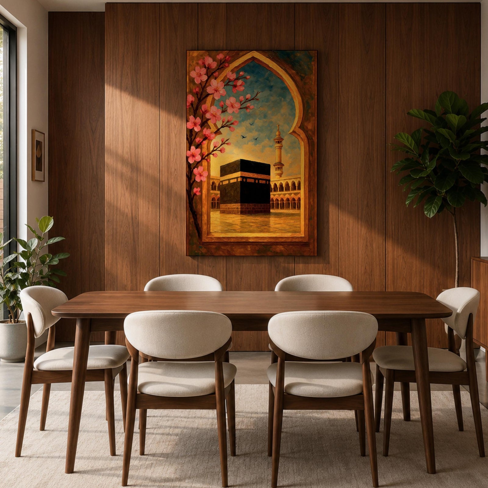 Textured oil painting of the Kaaba in Masjid Haram framed by a decorative Islamic archway with blooming pink flowers, a mosque minaret in the background, and warm sunset tones over the courtyard.