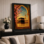Textured oil painting of the Kaaba in Masjid Haram framed by a decorative Islamic archway with blooming pink flowers, a mosque minaret in the background, and warm sunset tones over the courtyard.