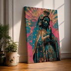 Retro style illustration of the Virgin Mary with hands folded in prayer, wearing a decorated blue mantle with star patterns and a crown, surrounded by radiant rays and floral graphic elements in bold pink and teal colors, rendered in a modern pop inspired Madonna composition with ornamental details.