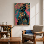 Retro style illustration of the Virgin Mary with hands folded in prayer, wearing a decorated blue mantle with star patterns and a crown, surrounded by radiant rays and floral graphic elements in bold pink and teal colors, rendered in a modern pop inspired Madonna composition with ornamental details.