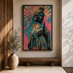 Retro style illustration of the Virgin Mary with hands folded in prayer, wearing a decorated blue mantle with star patterns and a crown, surrounded by radiant rays and floral graphic elements in bold pink and teal colors, rendered in a modern pop inspired Madonna composition with ornamental details.