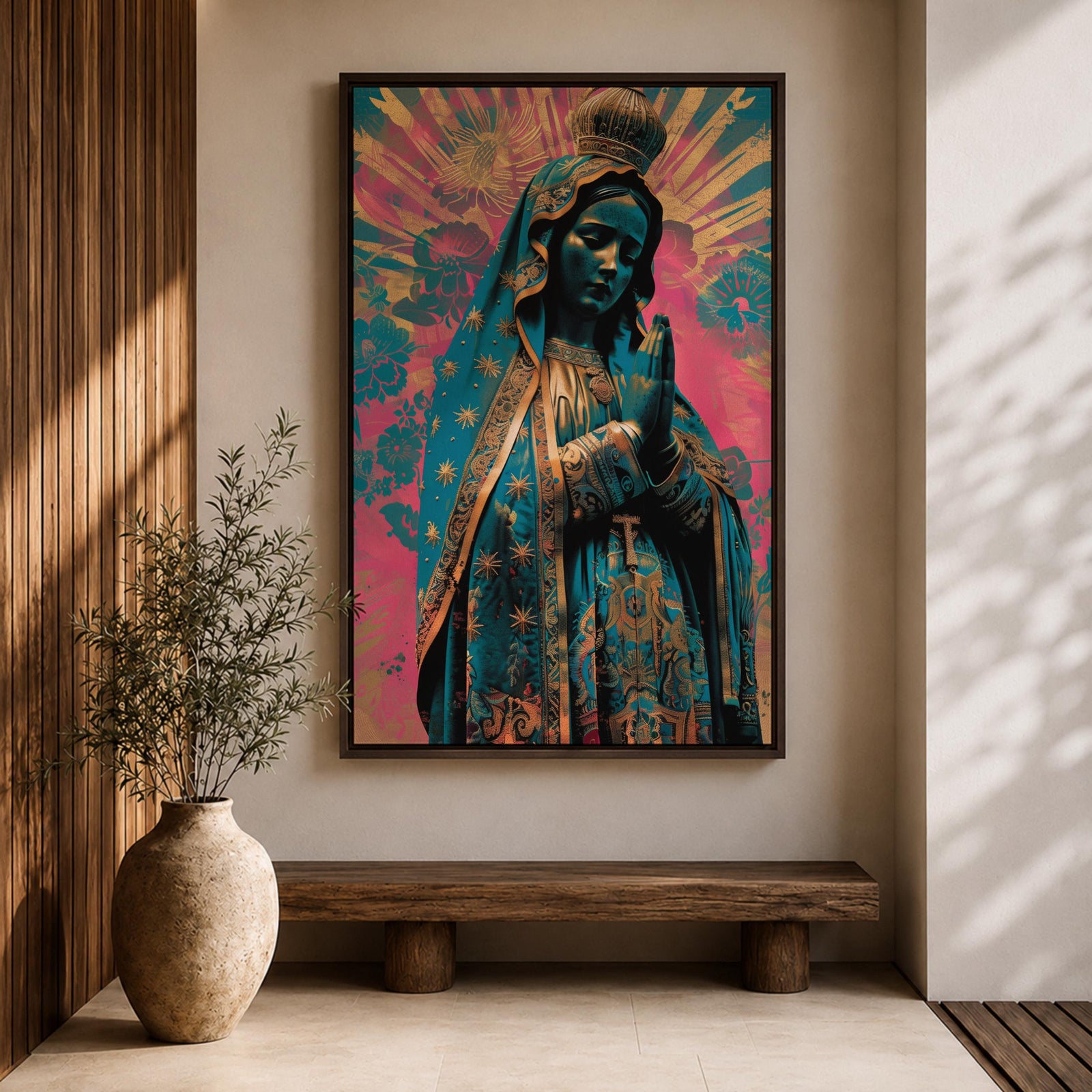 Retro style illustration of the Virgin Mary with hands folded in prayer, wearing a decorated blue mantle with star patterns and a crown, surrounded by radiant rays and floral graphic elements in bold pink and teal colors, rendered in a modern pop inspired Madonna composition with ornamental details.