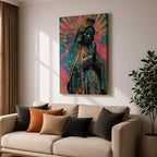 Retro style illustration of the Virgin Mary with hands folded in prayer, wearing a decorated blue mantle with star patterns and a crown, surrounded by radiant rays and floral graphic elements in bold pink and teal colors, rendered in a modern pop inspired Madonna composition with ornamental details.