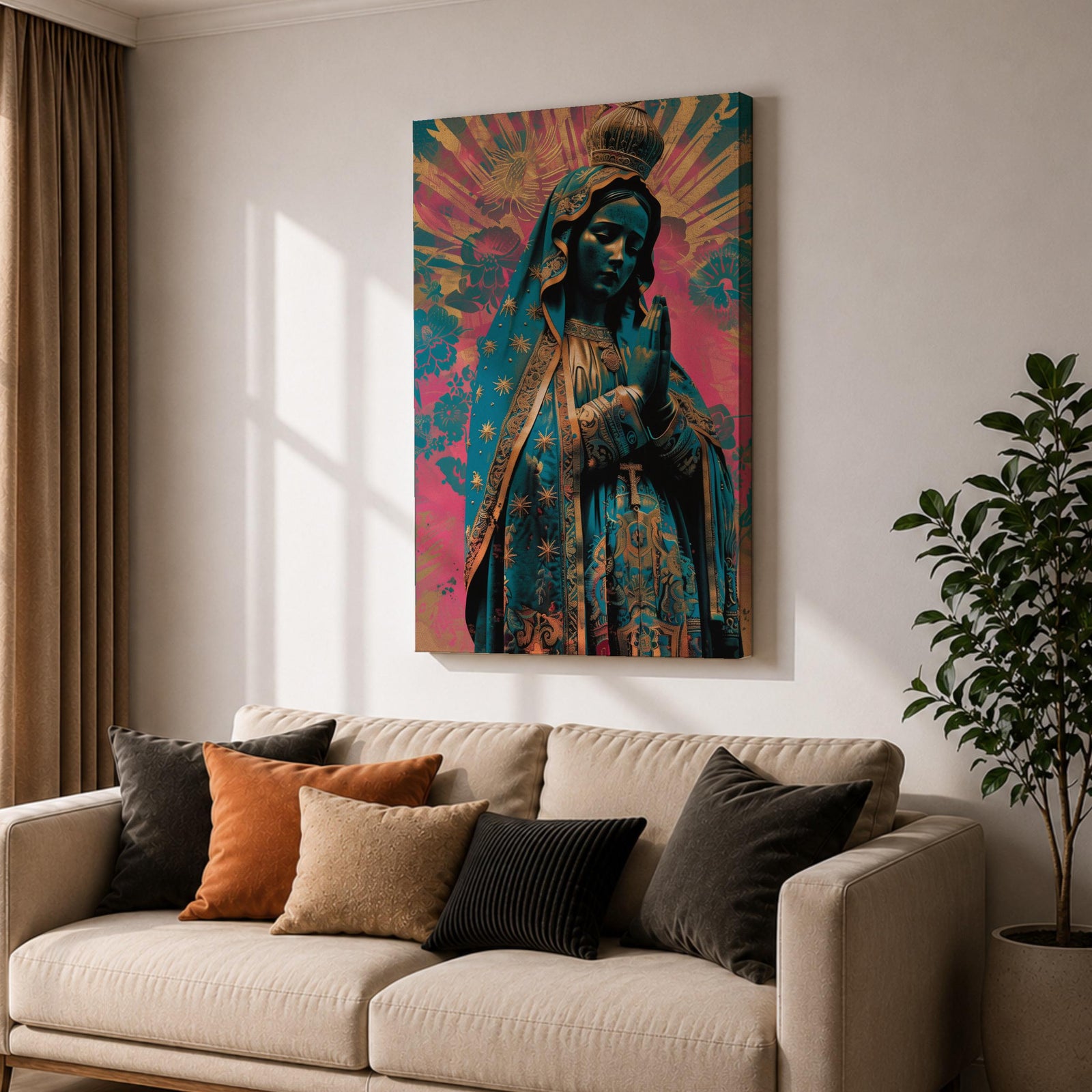 Retro style illustration of the Virgin Mary with hands folded in prayer, wearing a decorated blue mantle with star patterns and a crown, surrounded by radiant rays and floral graphic elements in bold pink and teal colors, rendered in a modern pop inspired Madonna composition with ornamental details.