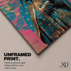 Retro style illustration of the Virgin Mary with hands folded in prayer, wearing a decorated blue mantle with star patterns and a crown, surrounded by radiant rays and floral graphic elements in bold pink and teal colors, rendered in a modern pop inspired Madonna composition with ornamental details.