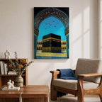 Artwork of the Kaaba in Masjid Haram framed by an ornate Moorish arabesque archway with intricate blue and gold patterns and birds flying across a bright sky above the mosque courtyard.