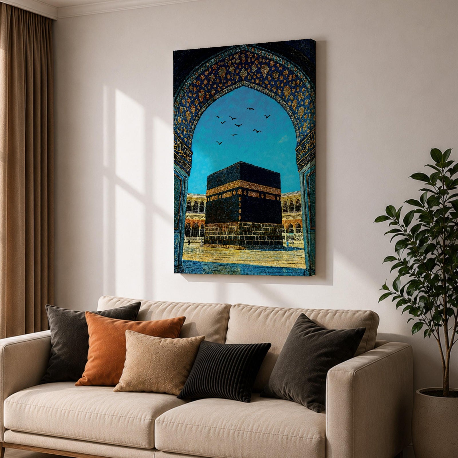 Artwork of the Kaaba in Masjid Haram framed by an ornate Moorish arabesque archway with intricate blue and gold patterns and birds flying across a bright sky above the mosque courtyard.