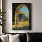 Textured artwork of the Dome of the Rock in Jerusalem viewed through a decorated Moorish arch with arabesque patterns framing the golden dome and courtyard beneath a blue sky.