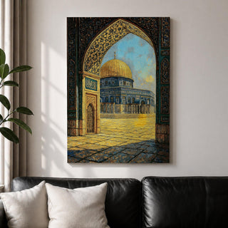 Textured artwork of the Dome of the Rock in Jerusalem viewed through a decorated Moorish arch with arabesque patterns framing the golden dome and courtyard beneath a blue sky.