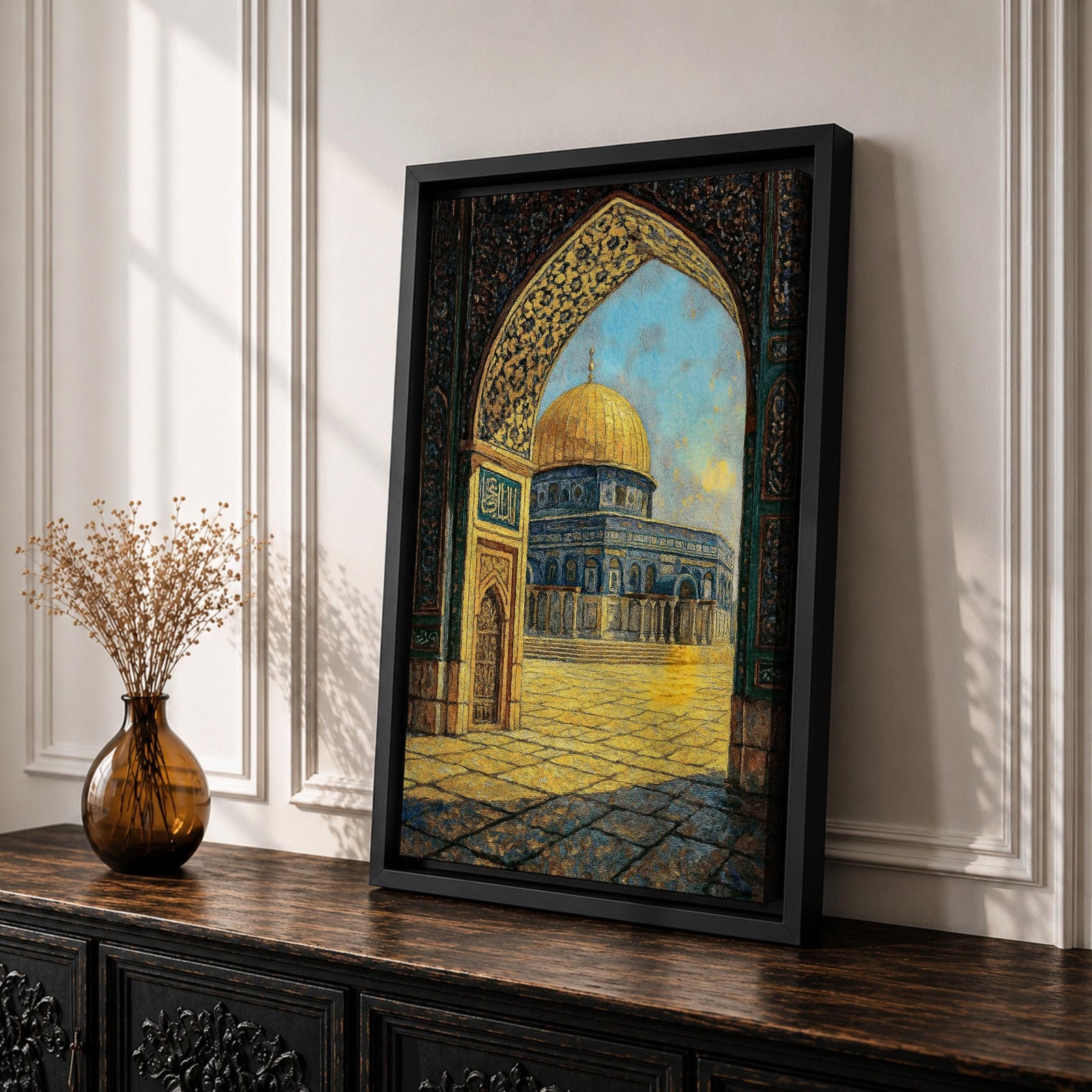 Textured artwork of the Dome of the Rock in Jerusalem viewed through a decorated Moorish arch with arabesque patterns framing the golden dome and courtyard beneath a blue sky.