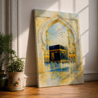 Soft watercolor artwork of the Kaaba at Masjid Al Haram framed by a Moorish pointed arch with mosque minarets and birds flying above the reflective courtyard.