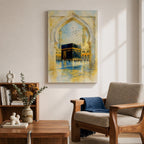Soft watercolor artwork of the Kaaba at Masjid Al Haram framed by a Moorish pointed arch with mosque minarets and birds flying above the reflective courtyard.