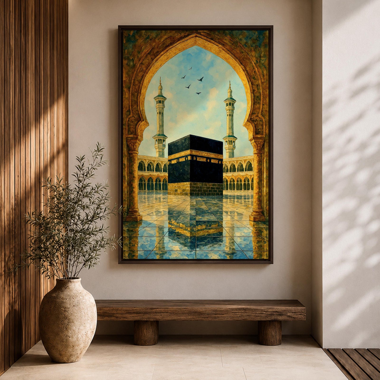 Artwork of the Kaaba in Masjid Haram viewed through an ornate Moorish arch with arabesque detailing, twin mosque minarets rising above the reflective courtyard beneath a soft blue sky.
