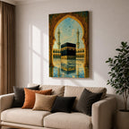 Artwork of the Kaaba in Masjid Haram viewed through an ornate Moorish arch with arabesque detailing, twin mosque minarets rising above the reflective courtyard beneath a soft blue sky.