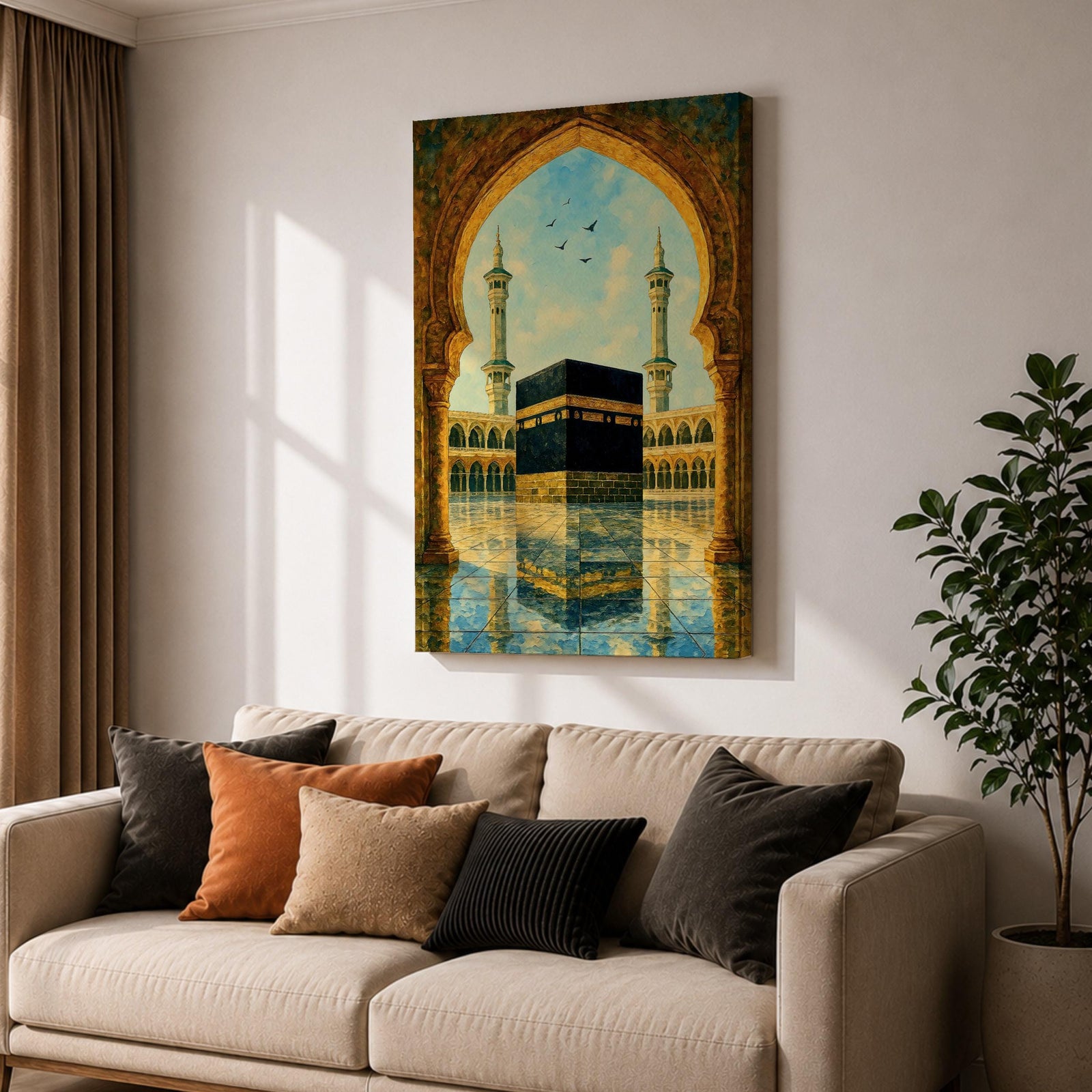 Artwork of the Kaaba in Masjid Haram viewed through an ornate Moorish arch with arabesque detailing, twin mosque minarets rising above the reflective courtyard beneath a soft blue sky.