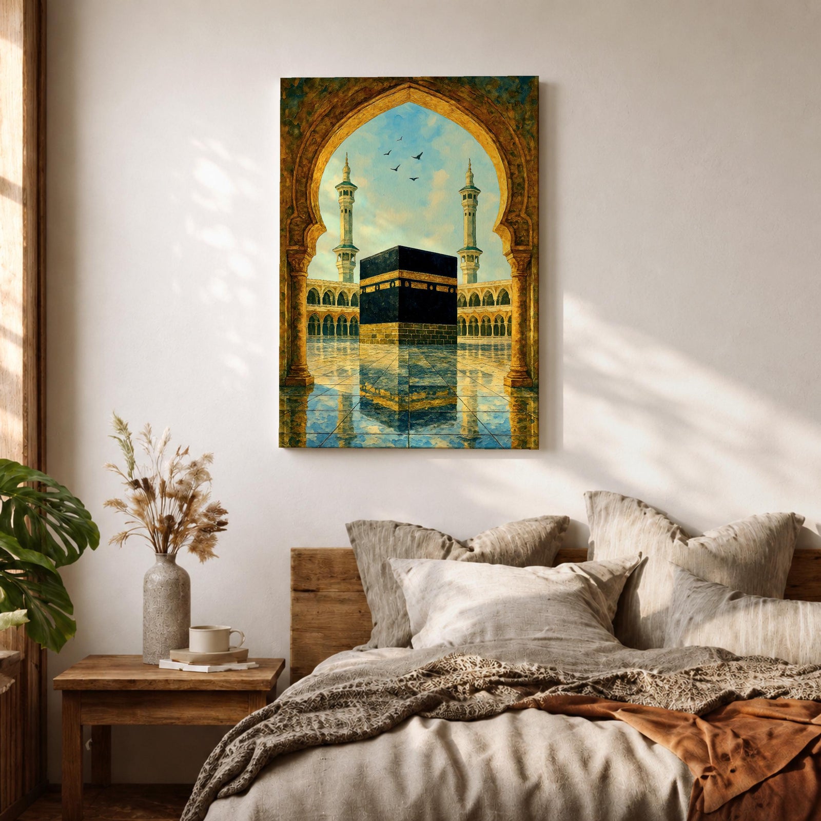Artwork of the Kaaba in Masjid Haram viewed through an ornate Moorish arch with arabesque detailing, twin mosque minarets rising above the reflective courtyard beneath a soft blue sky.