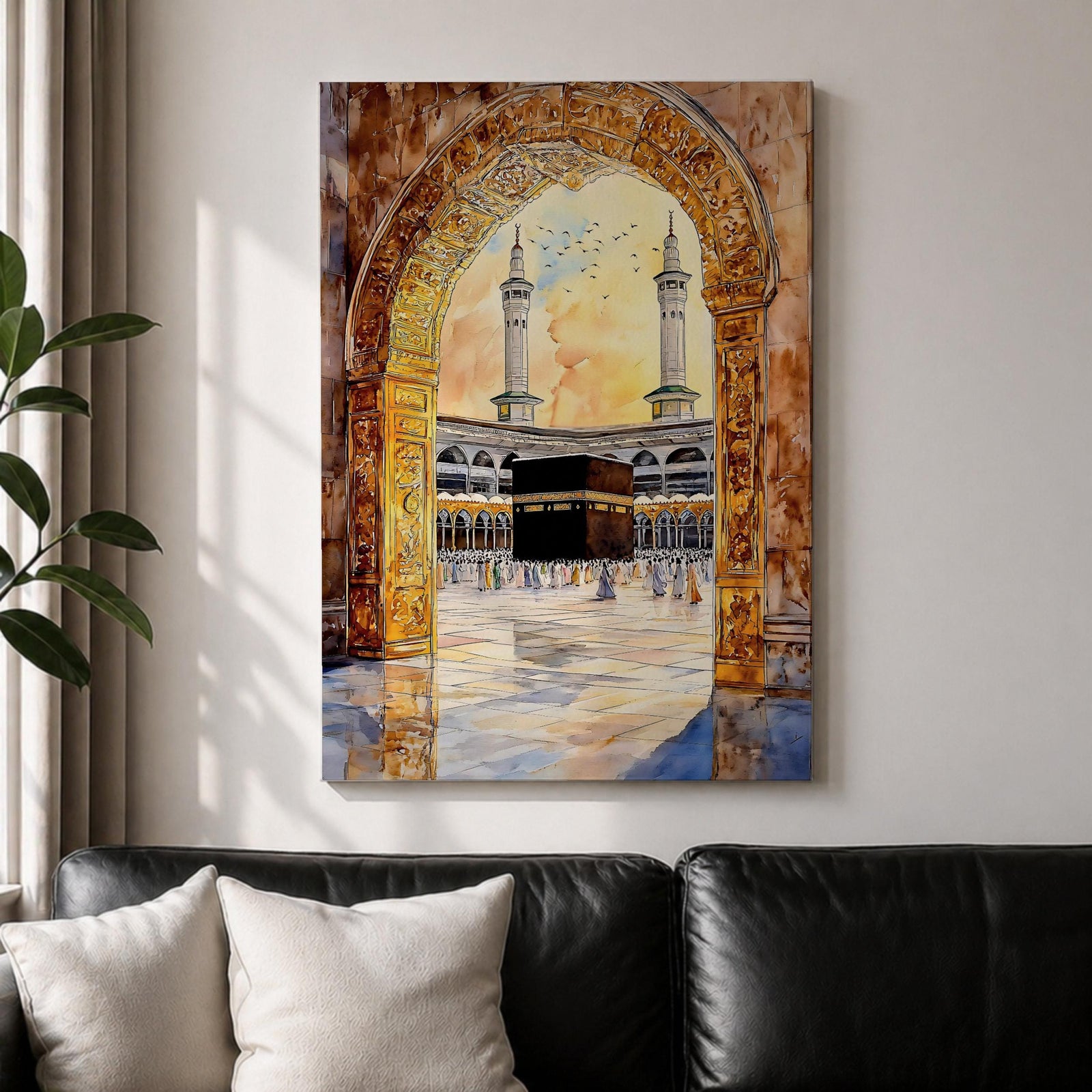 Watercolor artwork of the Kaaba in Masjid Haram viewed through an ornate mosque archway with twin minarets rising above the courtyard and pilgrims gathered around the sacred sanctuary.