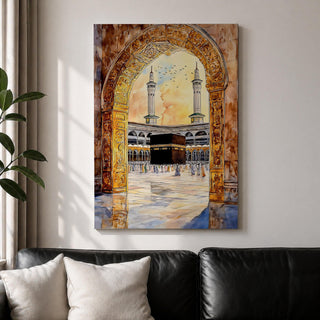 Watercolor artwork of the Kaaba in Masjid Haram viewed through an ornate mosque archway with twin minarets rising above the courtyard and pilgrims gathered around the sacred sanctuary.
