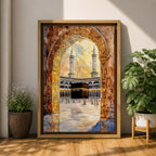 Watercolor artwork of the Kaaba in Masjid Haram viewed through an ornate mosque archway with twin minarets rising above the courtyard and pilgrims gathered around the sacred sanctuary.