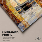 Watercolor artwork of the Kaaba in Masjid Haram viewed through an ornate mosque archway with twin minarets rising above the courtyard and pilgrims gathered around the sacred sanctuary.