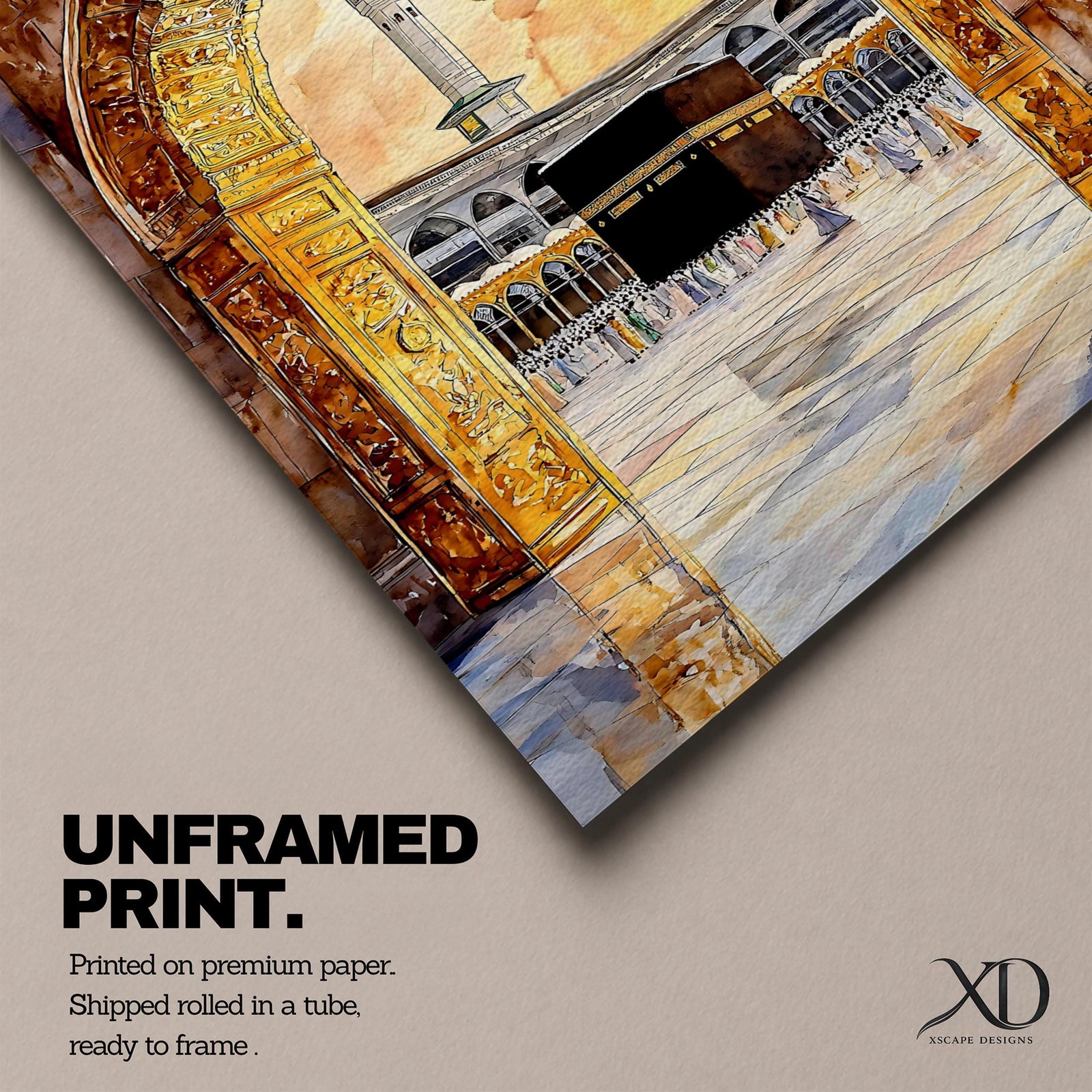 Watercolor artwork of the Kaaba in Masjid Haram viewed through an ornate mosque archway with twin minarets rising above the courtyard and pilgrims gathered around the sacred sanctuary.