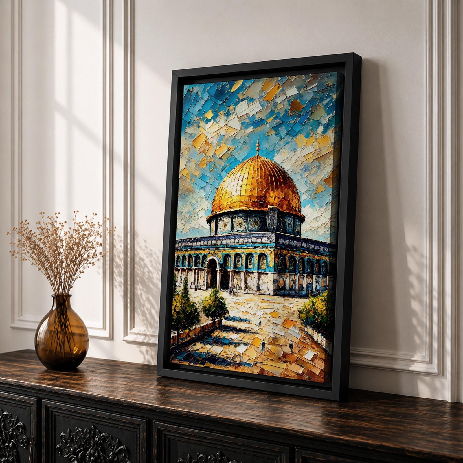 Oil painting style artwork of the golden dome of Masjid Al Aqsa in Jerusalem with textured brushstrokes and vibrant sky above the historic mosque complex.